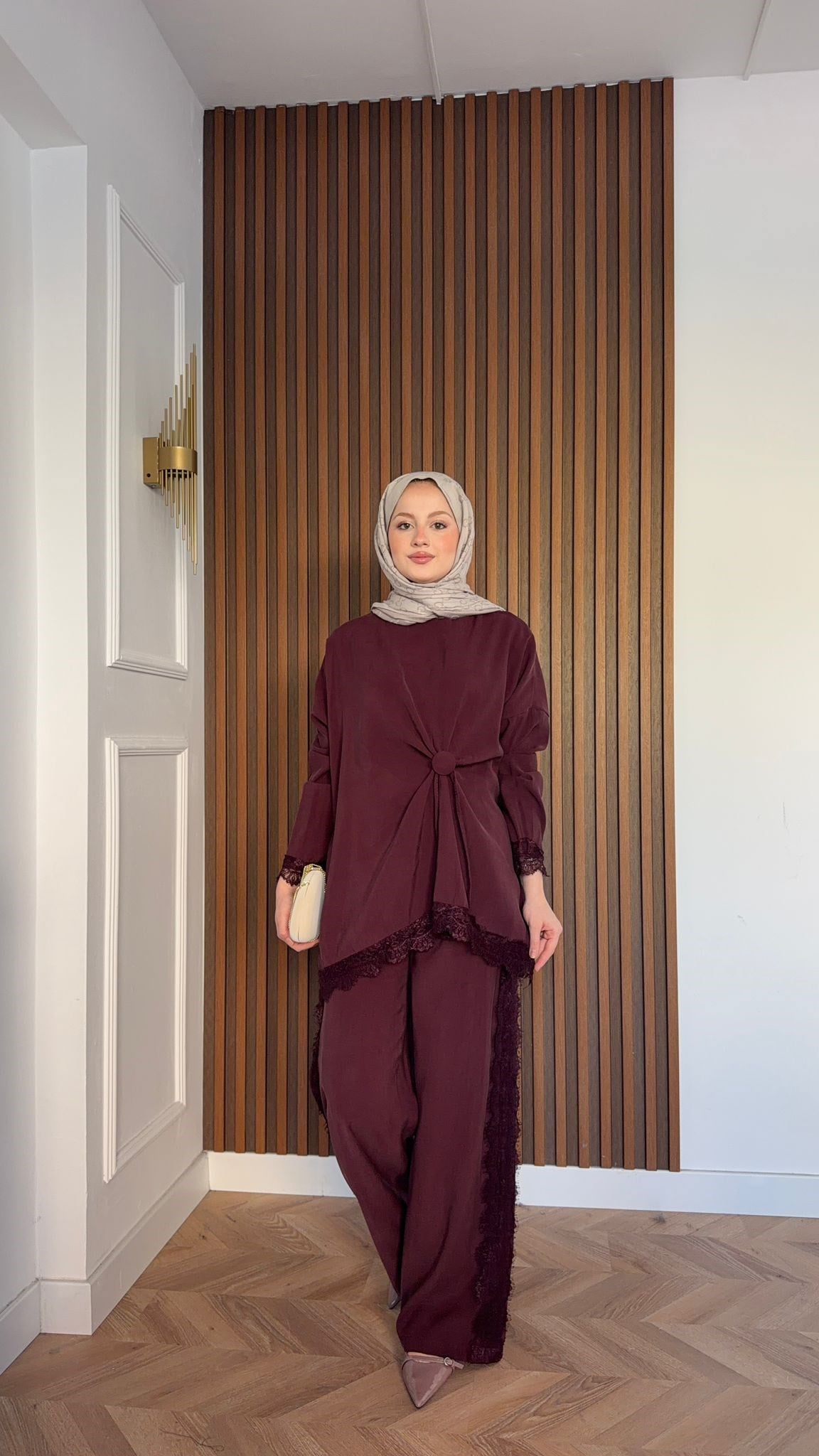 MEYSADESIGN PANTOLON TAKIM Roi Dantelli Tensel Pantolonlu Takım Bordo