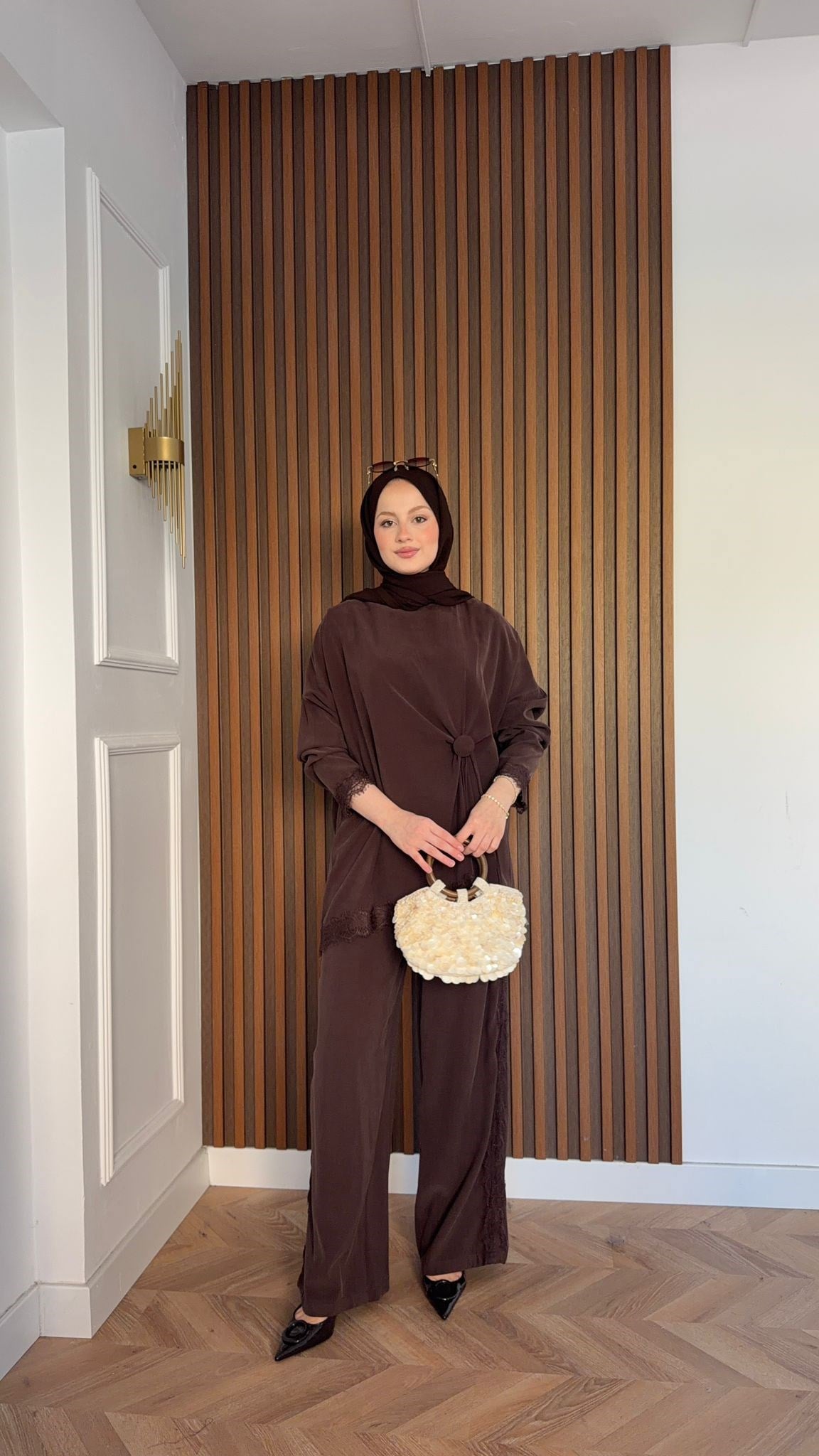 MEYSADESIGN PANTOLON TAKIM Roi Dantelli Tensel Pantolonlu Takım Acı Kahve