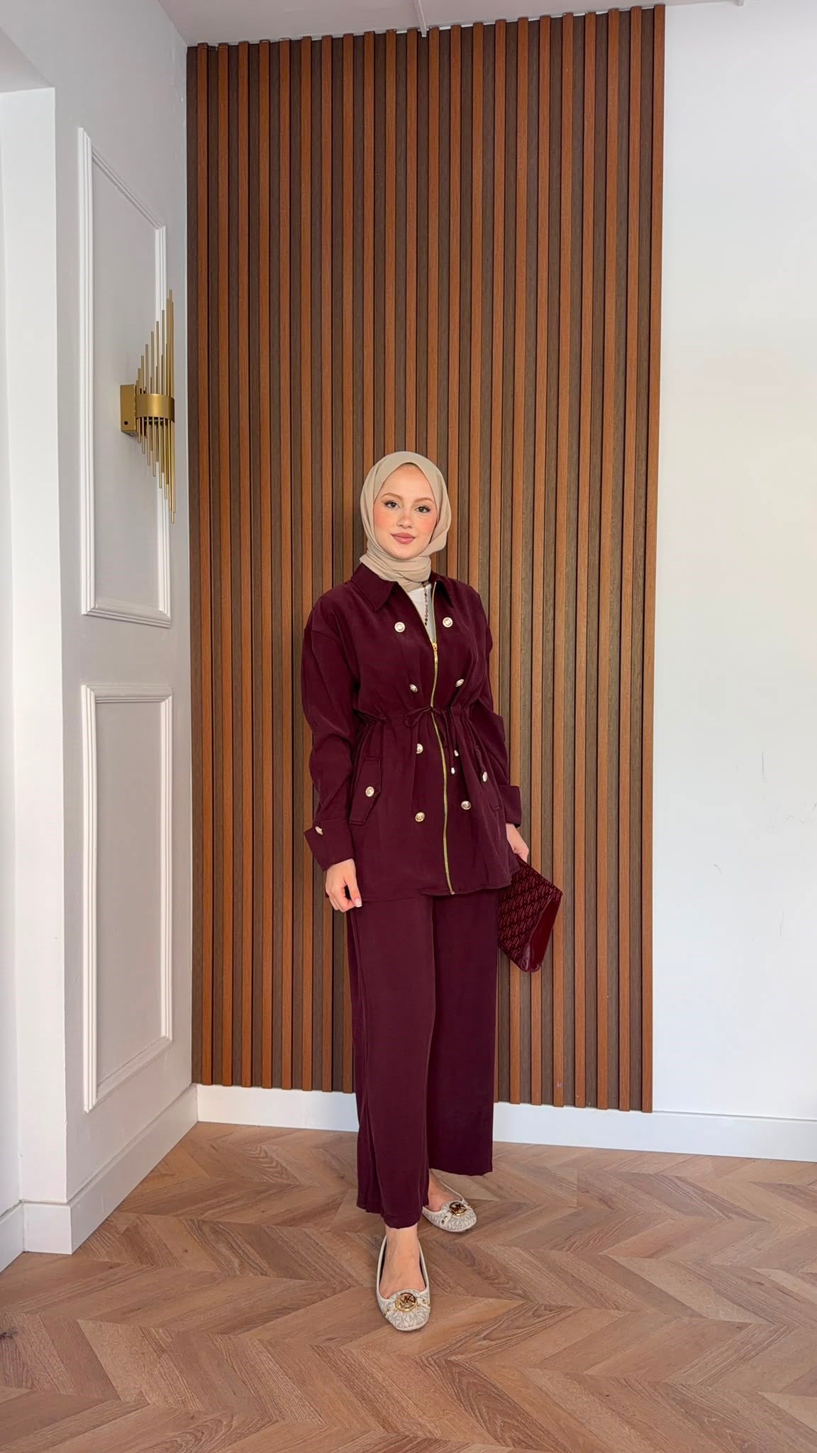 MEYSADESIGN PANTOLON TAKIM Roma Gold Düğmeli Tensel Takım Bordo