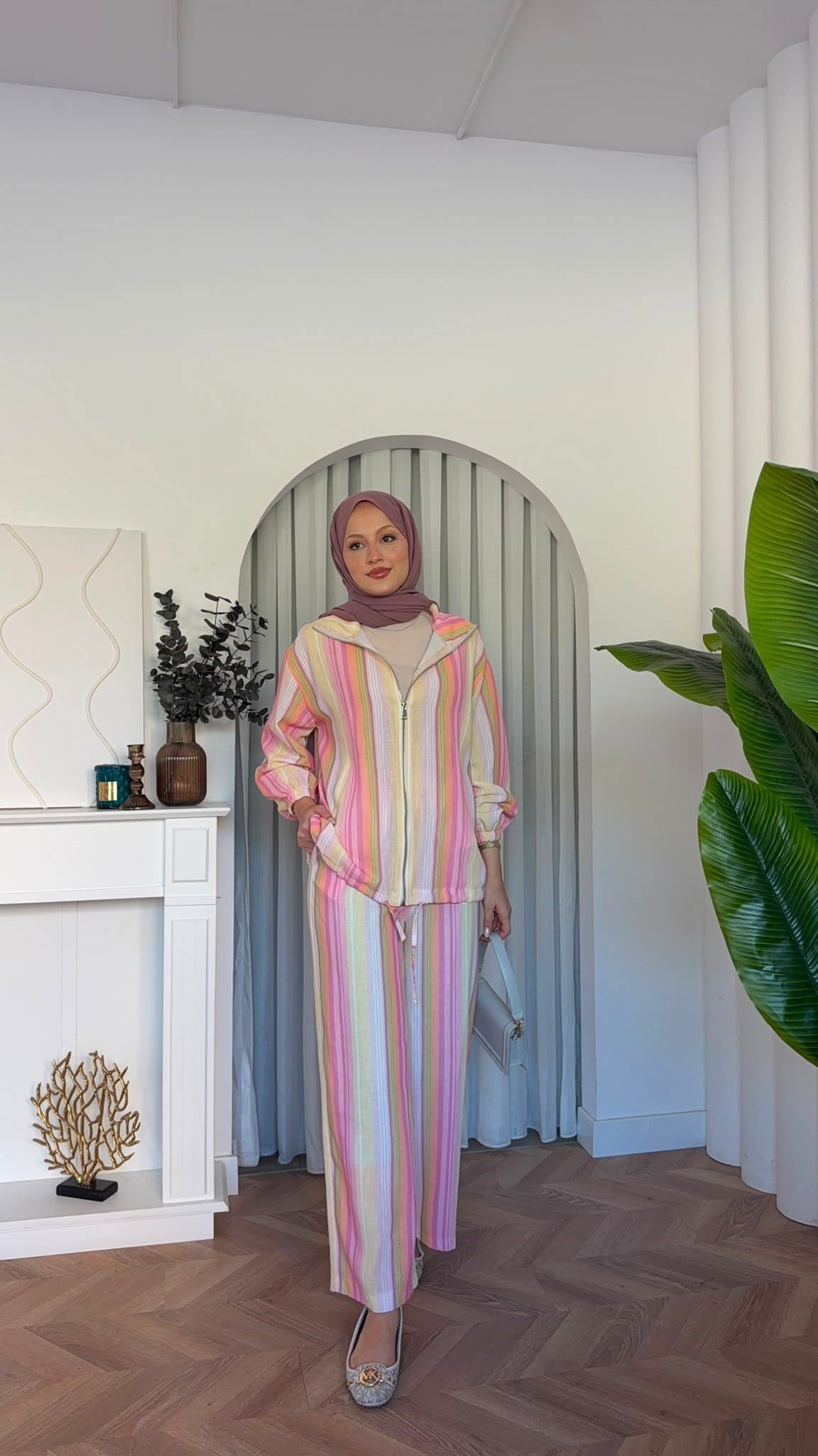 MEYSADESIGN PANTOLON TAKIM Romel Çizgili İkili Takım Pembe