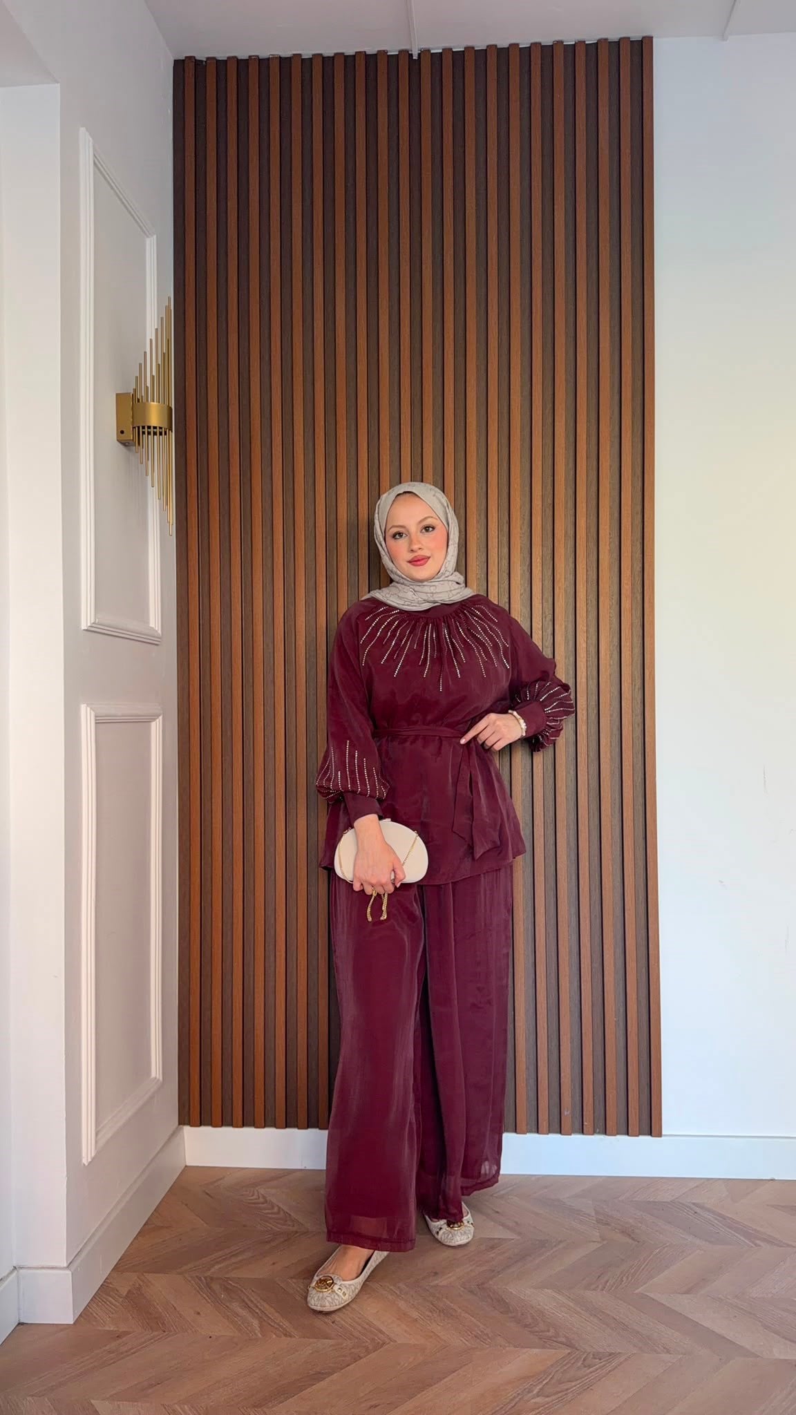 MEYSADESIGN PANTOLON TAKIM Silver Taşlı Tül Pantolonlu Takım Bordo