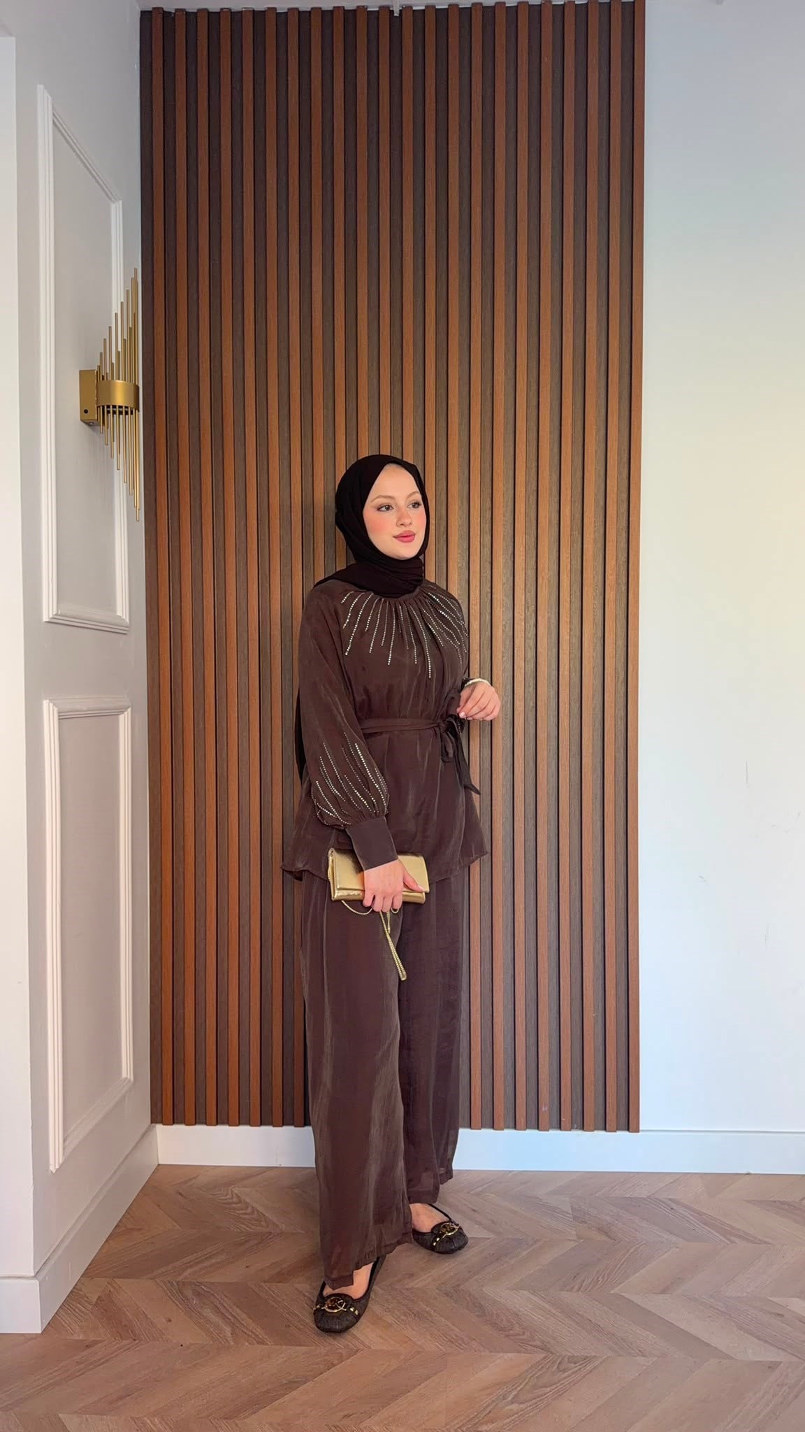 MEYSADESIGN PANTOLON TAKIM Silver Taşlı Tül Pantolonlu Takım Acı Kahve