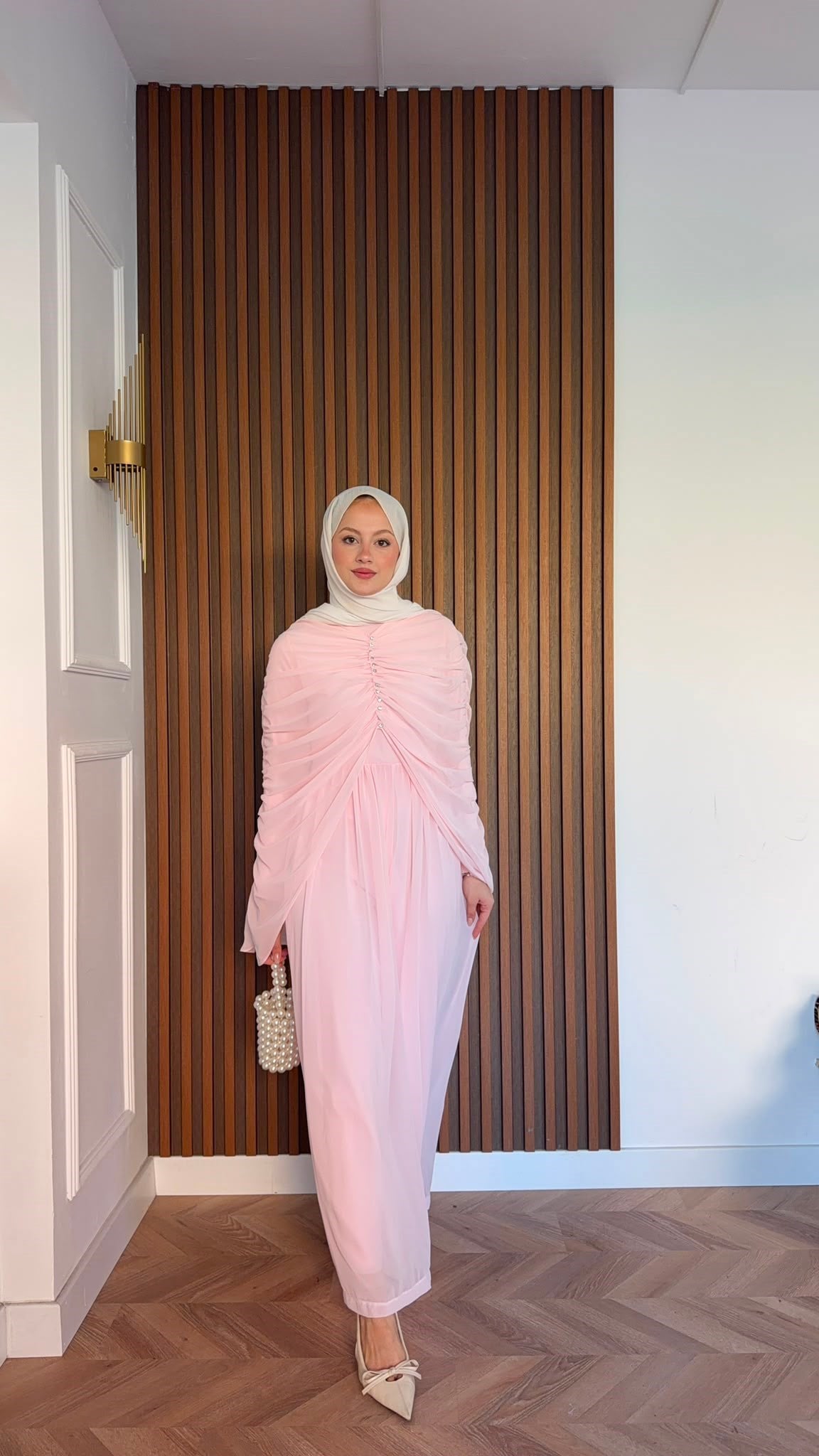 MEYSADESIGN PANTOLON TAKIM Taşlı Büzgülü Multi Şifon Tulum Pudra