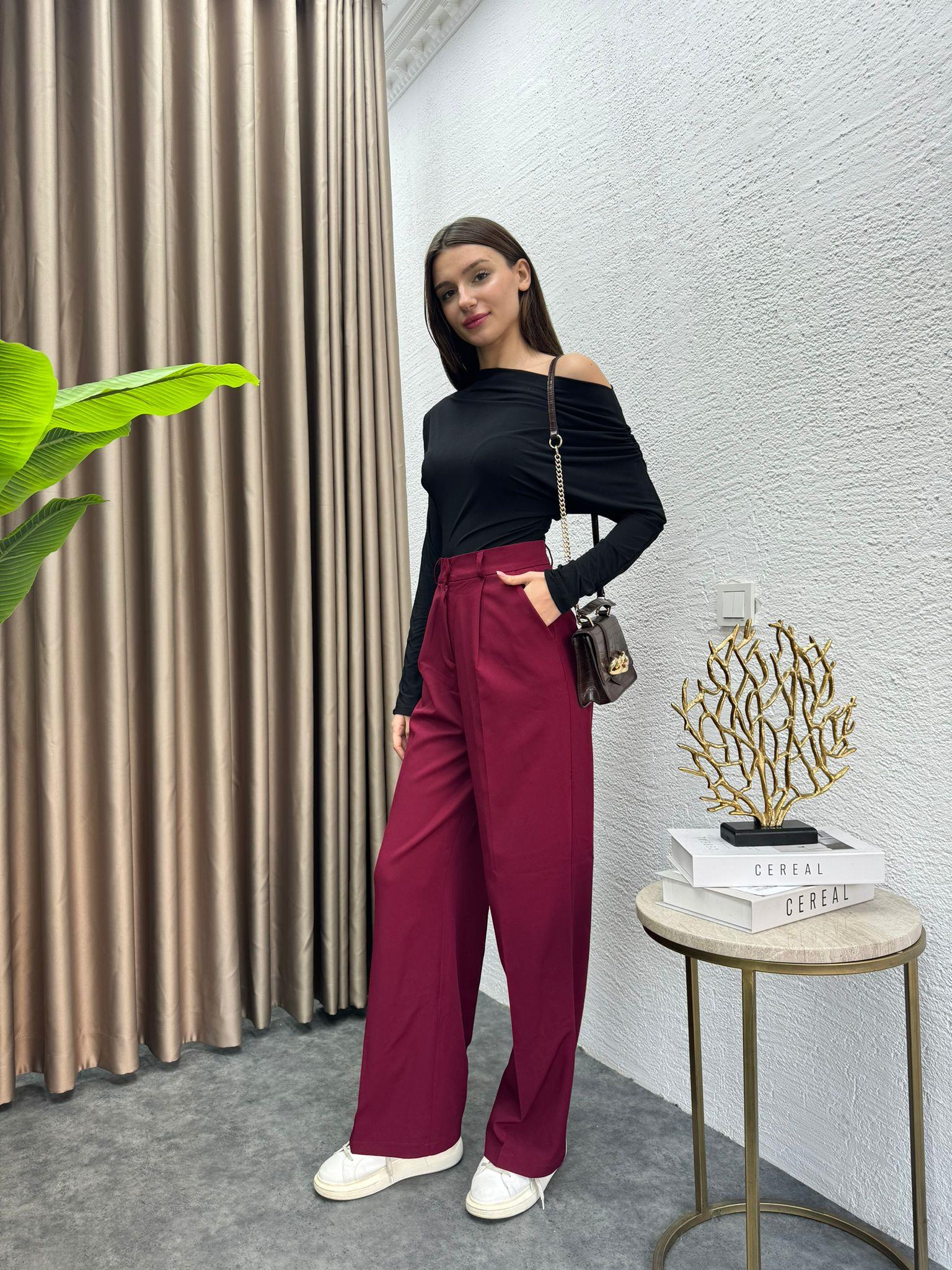 Zra Pleated Comfortable Palazzo Trousers Burgundy