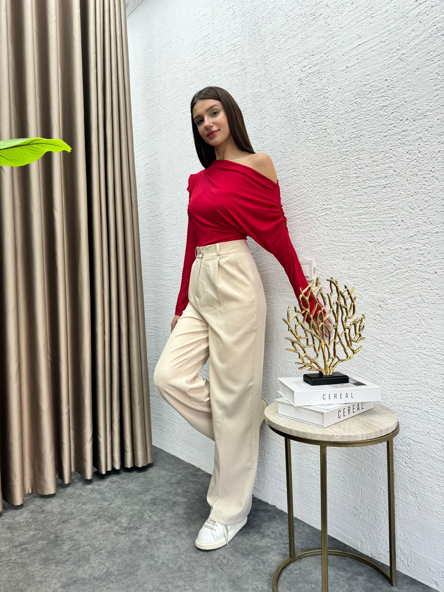 Zra Pleated Comfortable Palazzo Trousers Beige