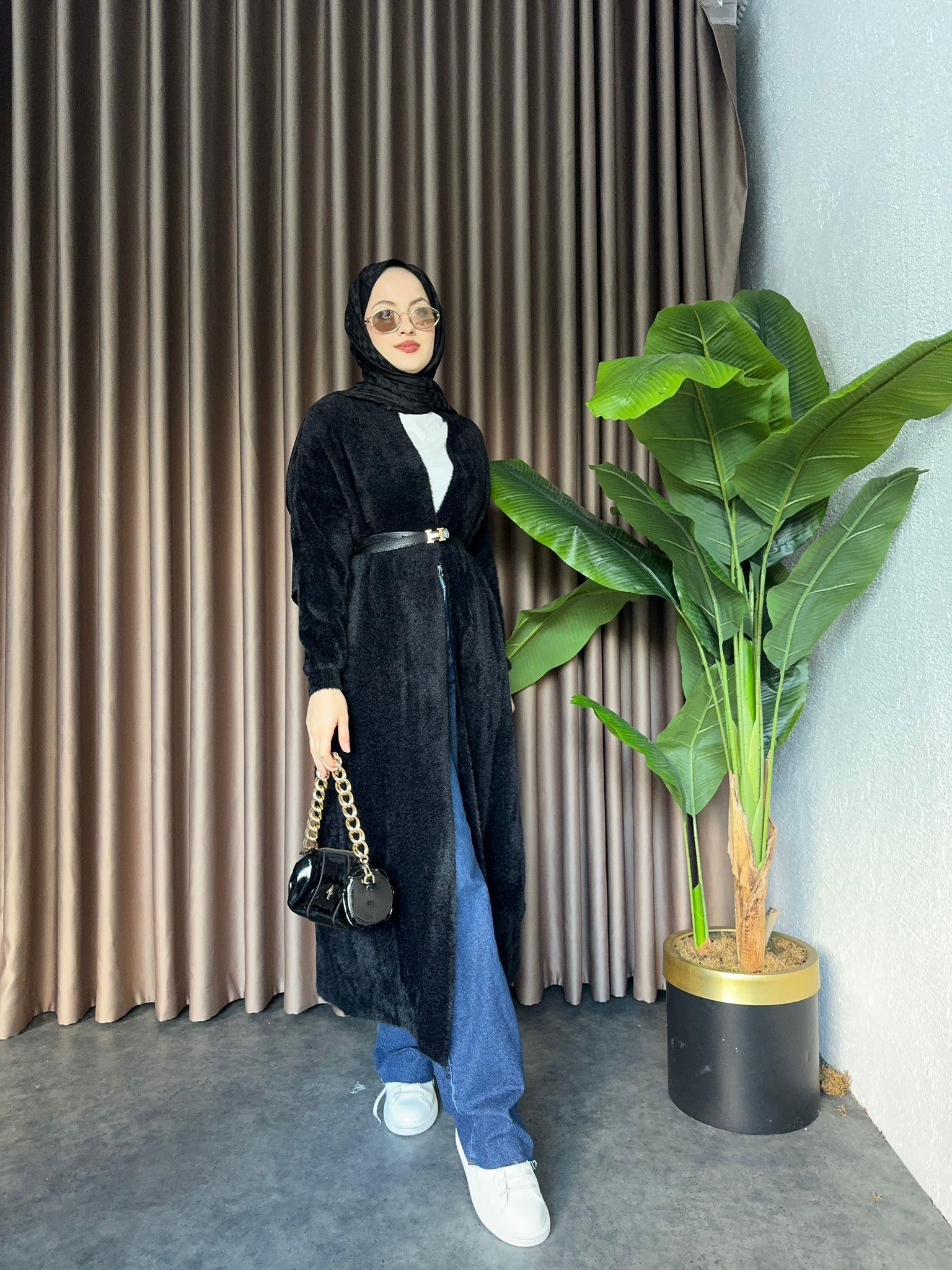 MEYSADESIGN TESETTÜR TRİKO Angora Tam Boy Hırka Siyah