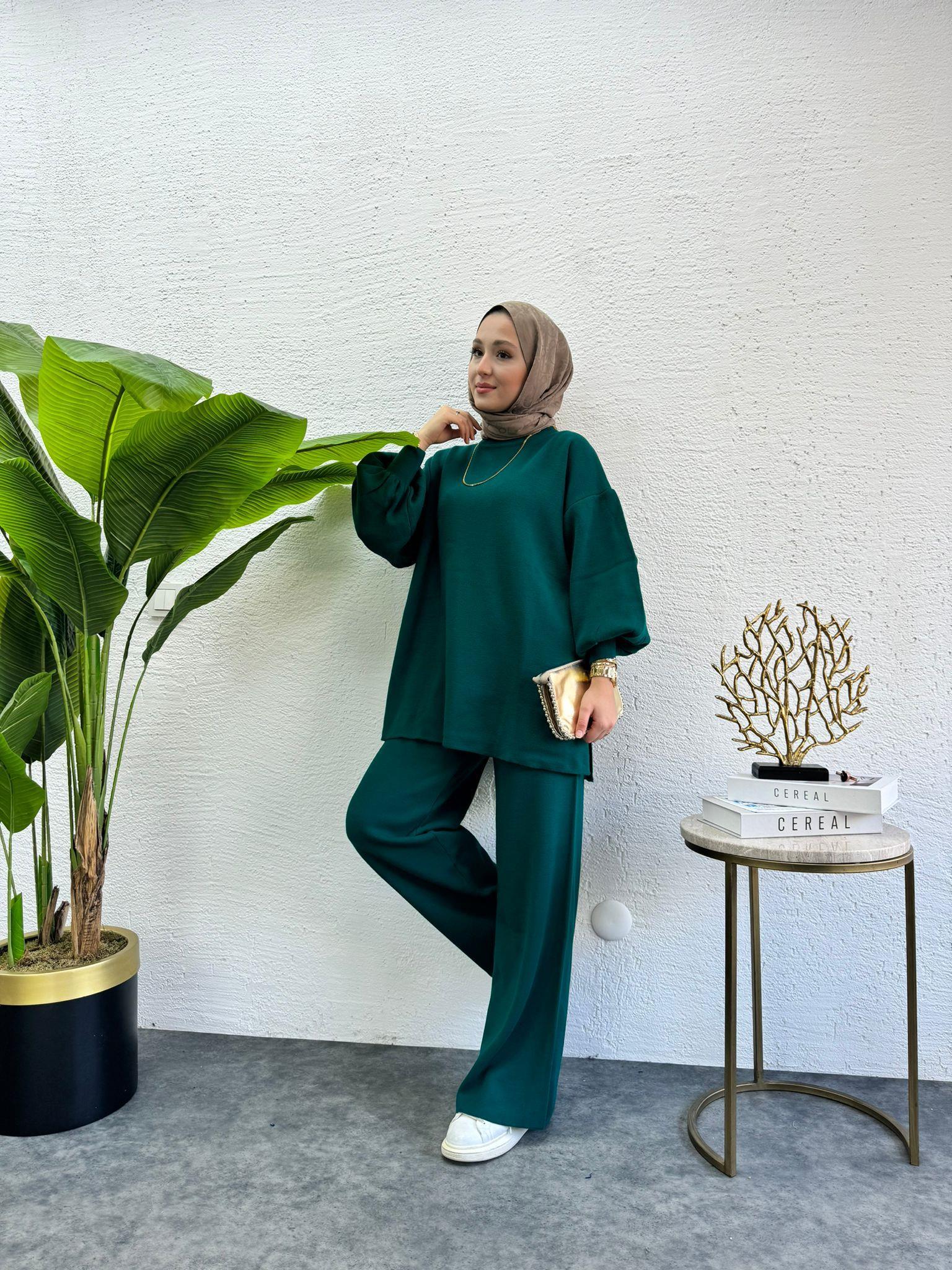 Balloon Sleeve Knit Set Emerald Green