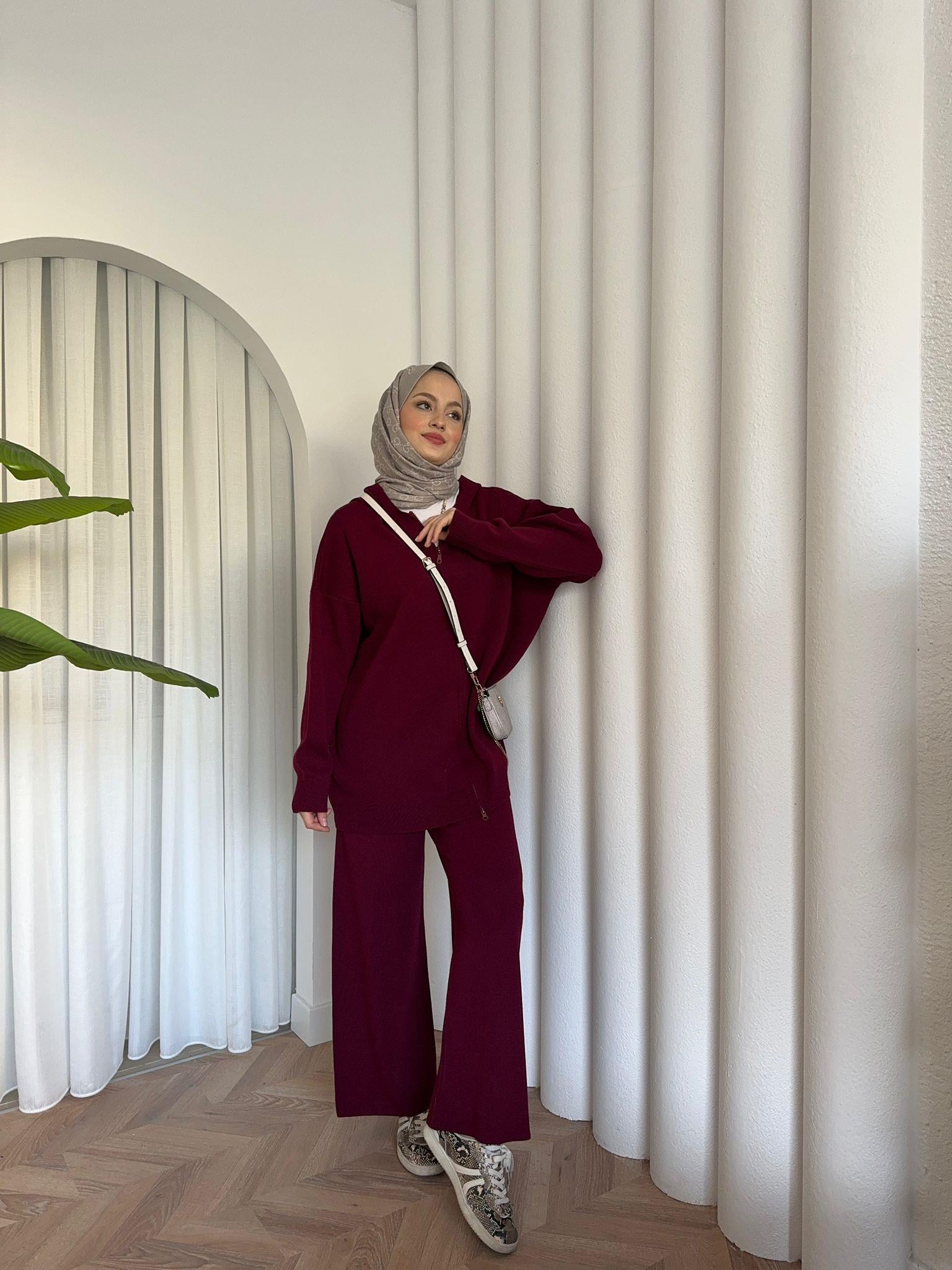 Zippered Hooded Knit Set Burgundy