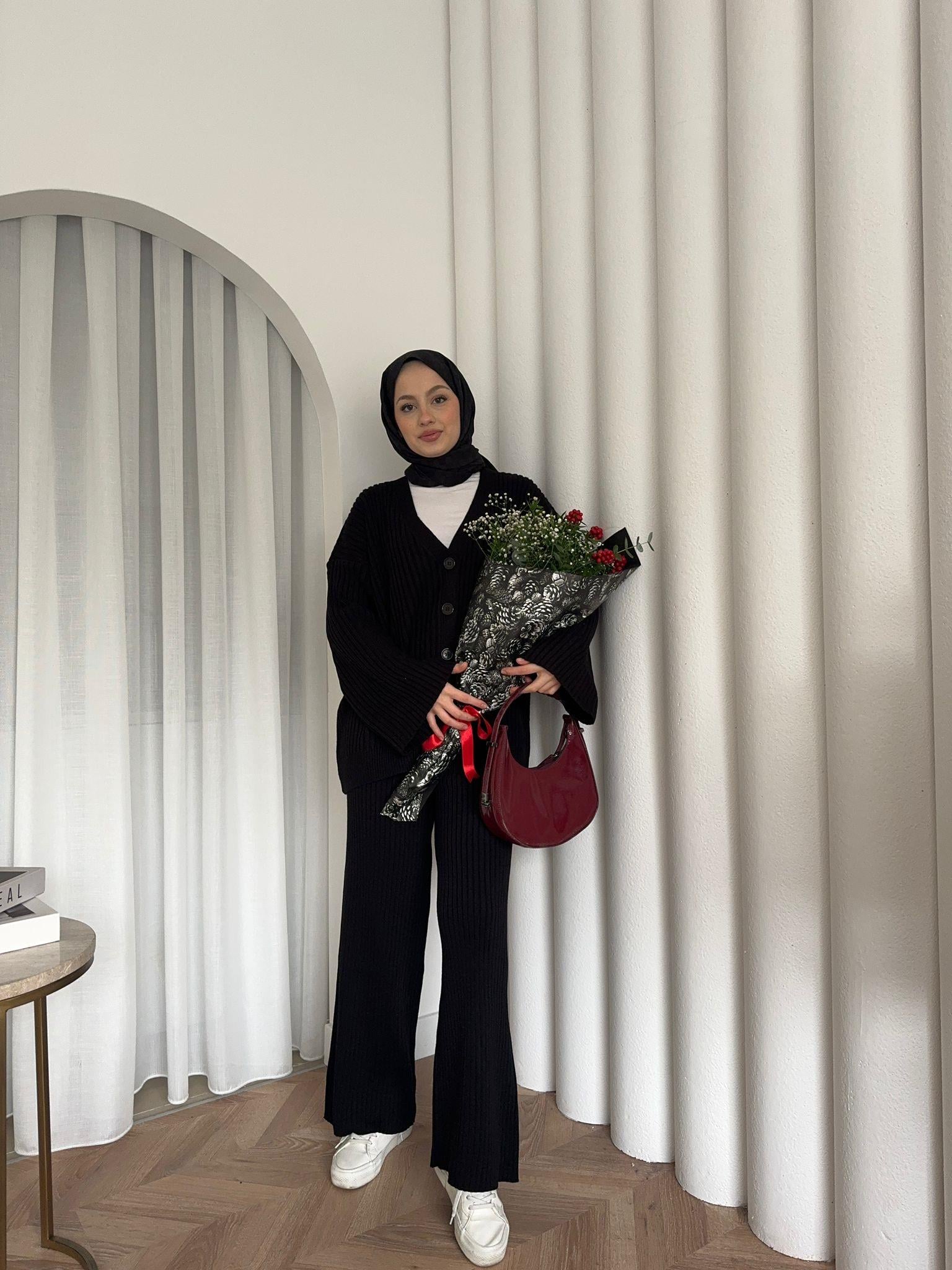 Minel Patterned Knit Set Black