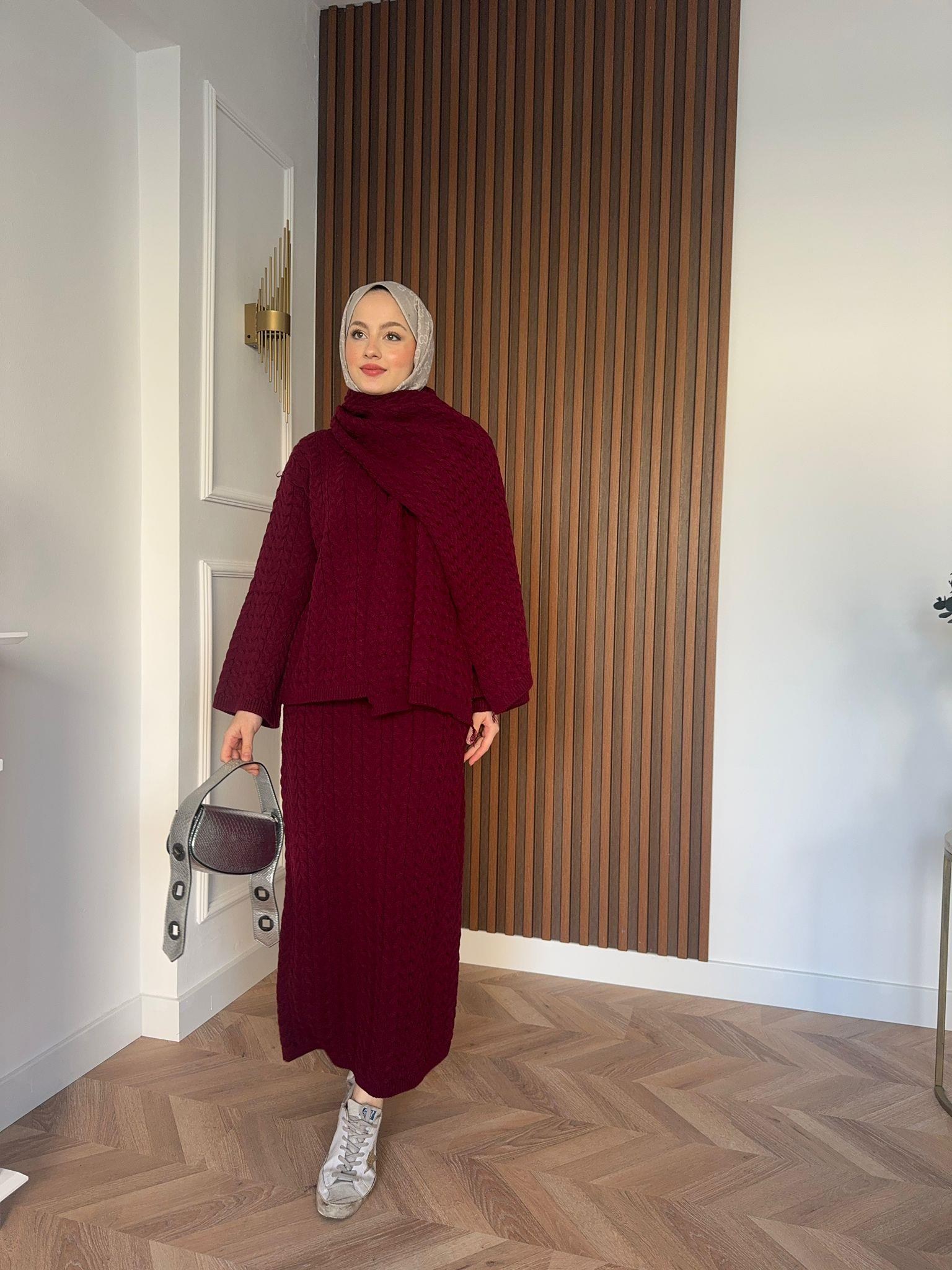 Saç Örgü Atkılı Takım Bordo