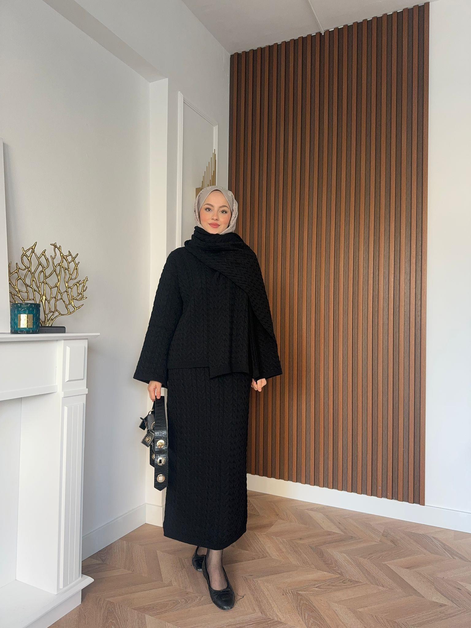 Saç Örgü Atkılı Takım Siyah