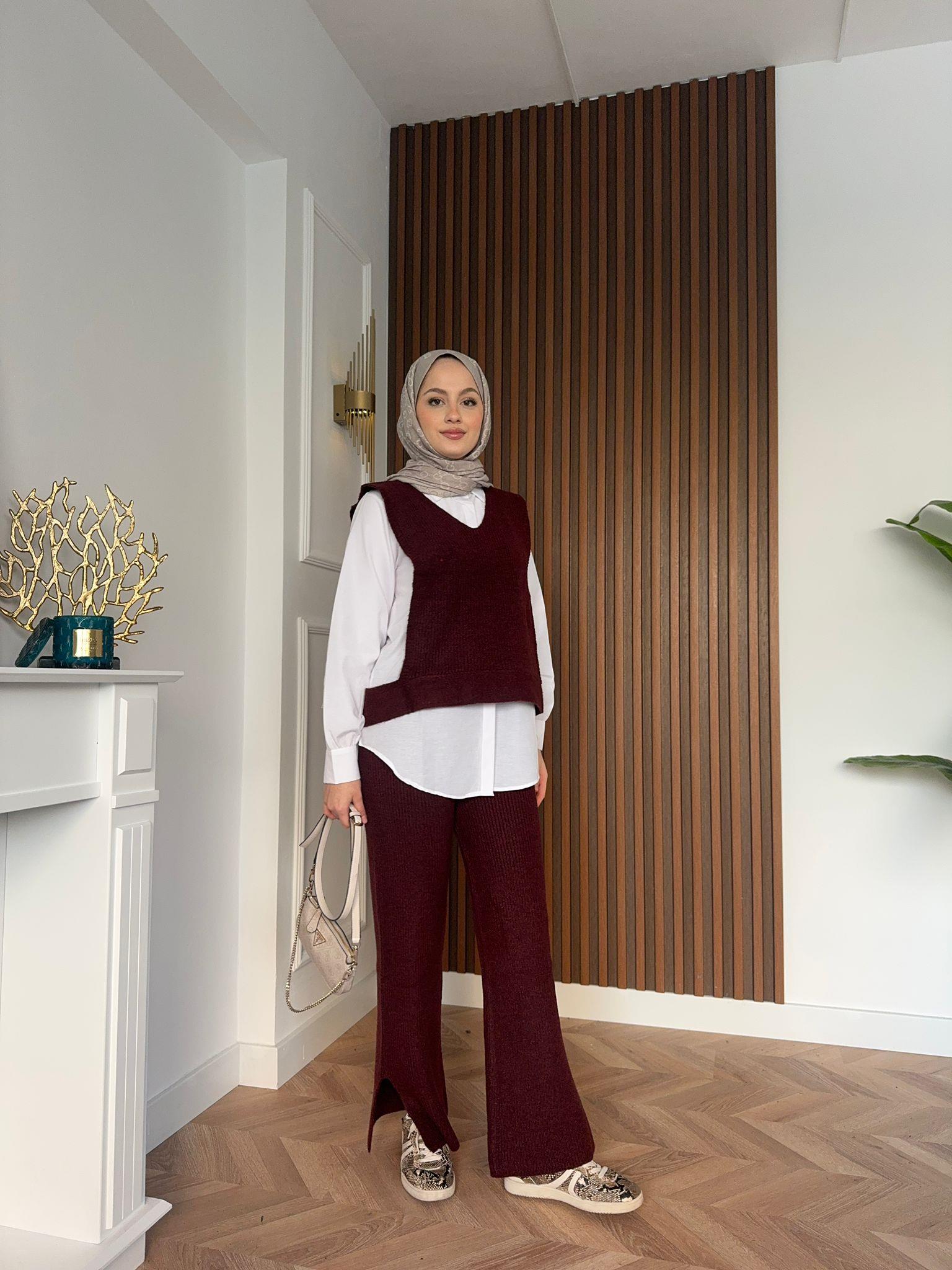 Üçlü Gömlekli Selanik Triko Takım Bordo