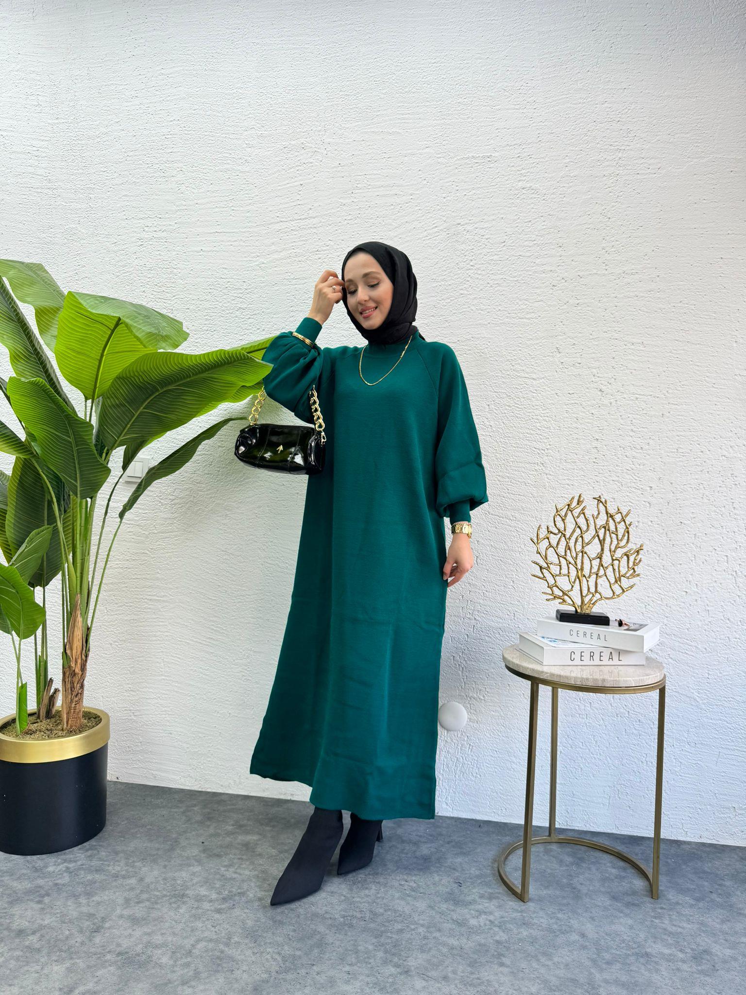 Balloon Sleeve Knit Knit Dress Emerald Green