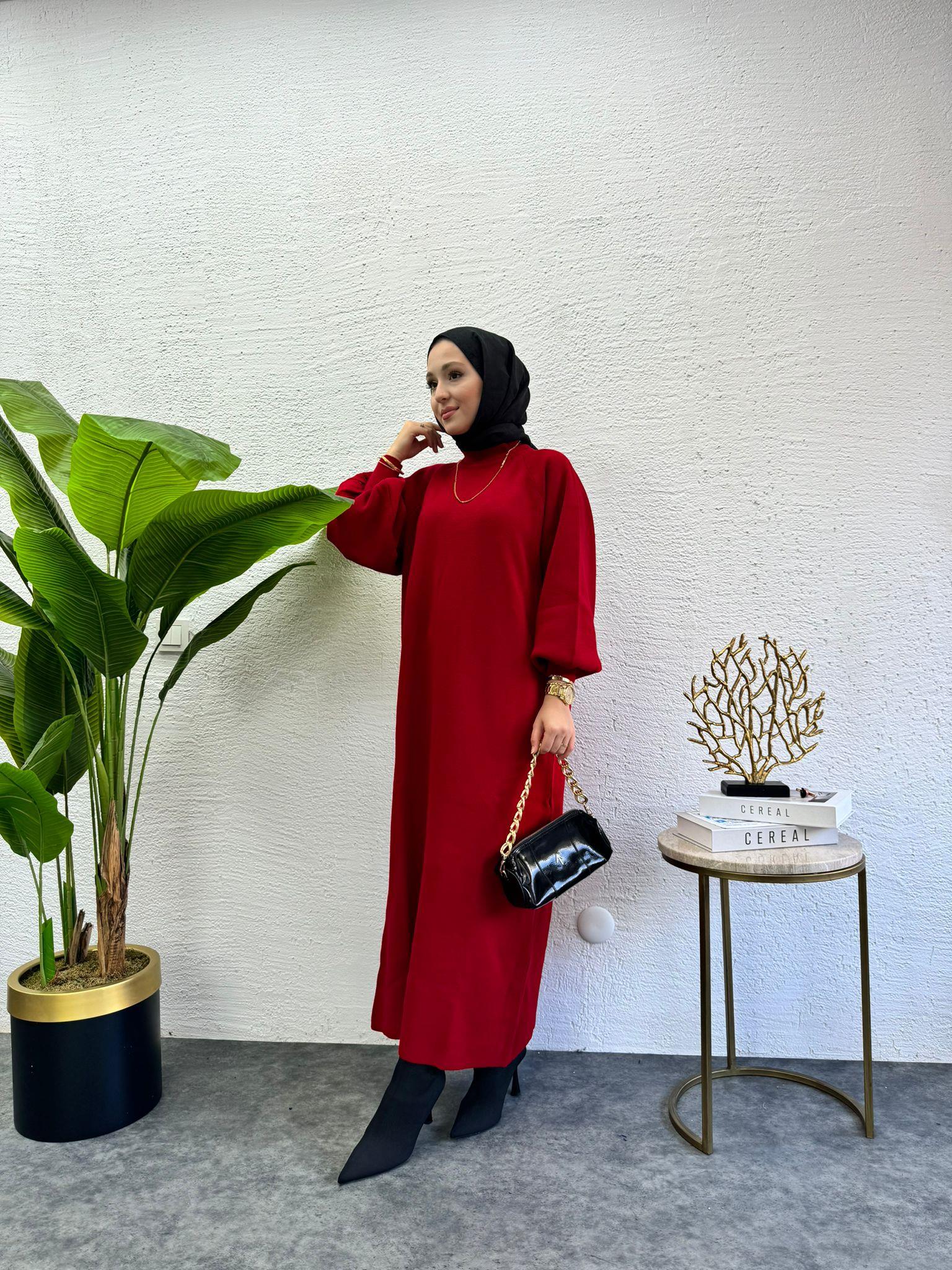 Balloon Sleeve Knit Knit Dress Red