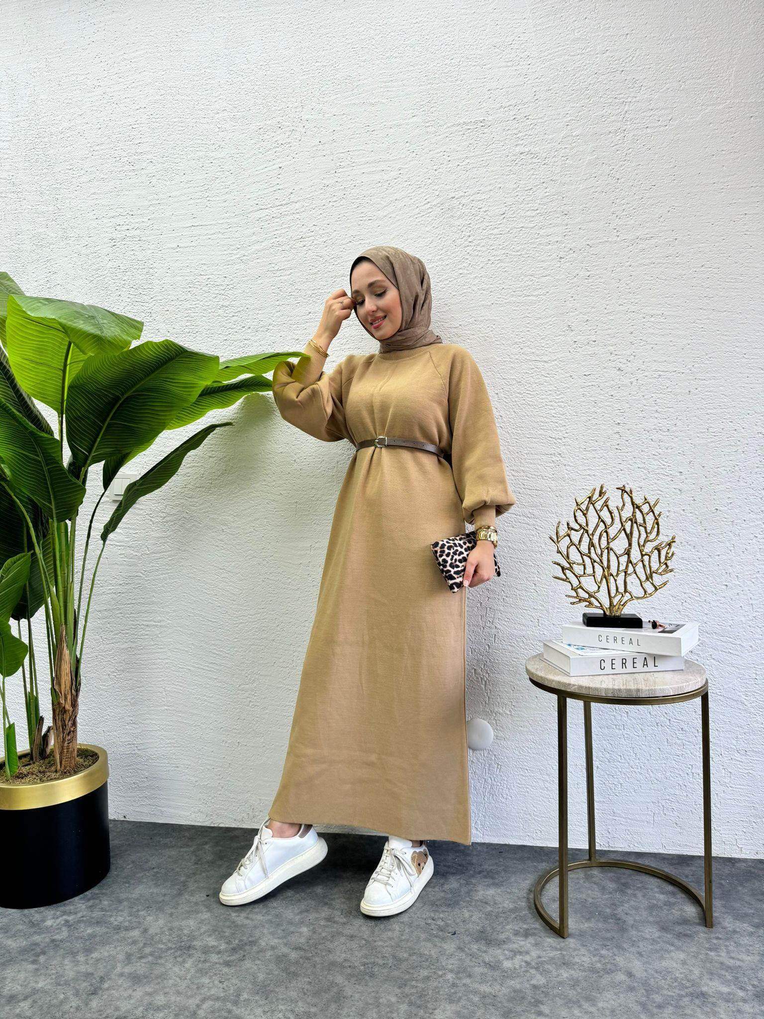 Balloon Sleeve Knit Knit Dress Brown