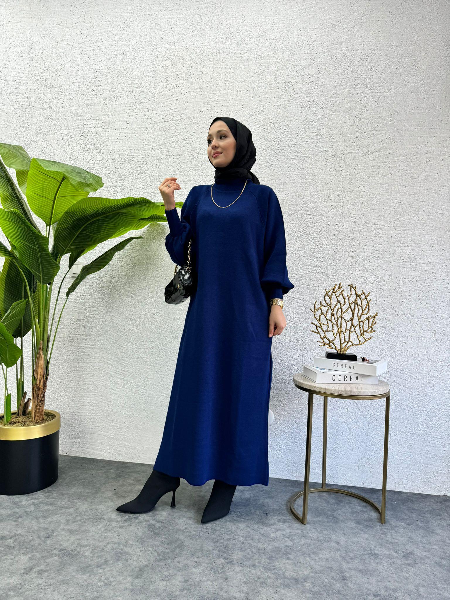 Balloon Sleeve Knit Knit Dress Navy