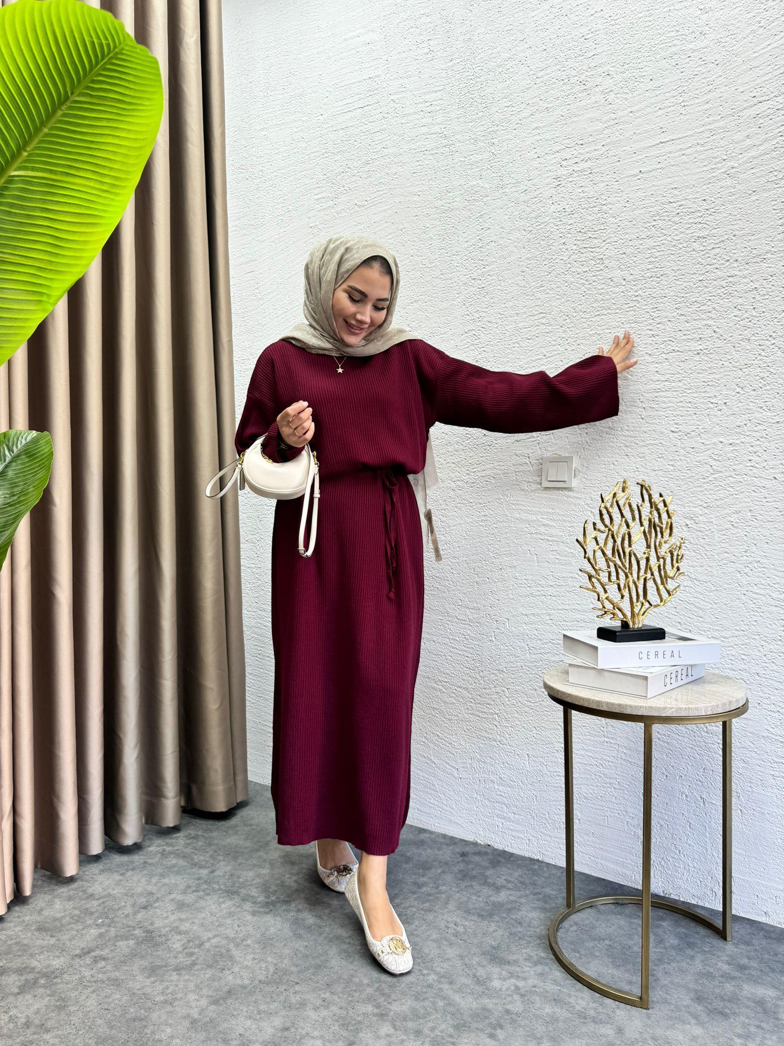 MEYSADESIGN TRİKO ELBİSE Sara Kemerli Triko Elbise Bordo