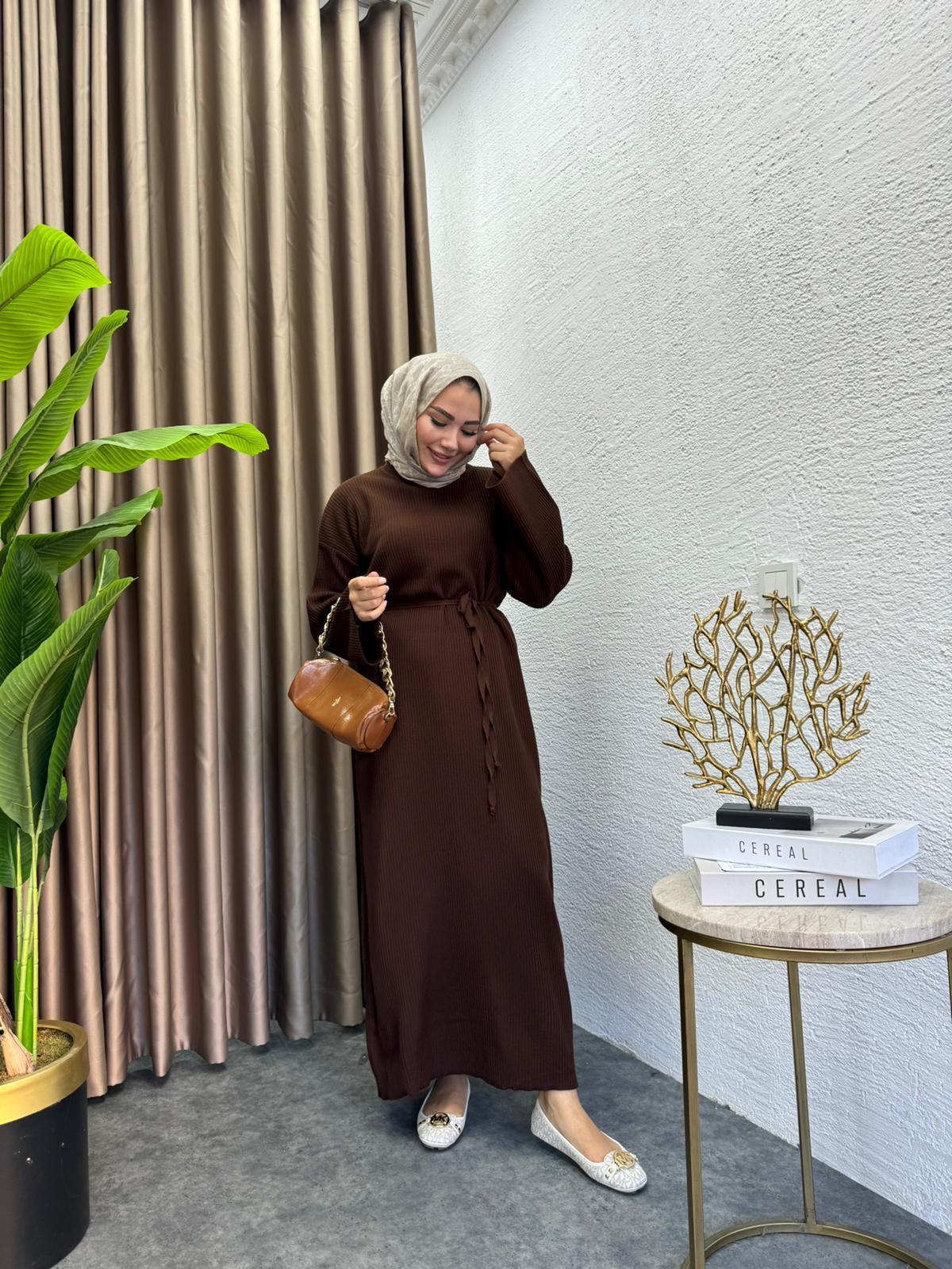 MEYSADESIGN TRİKO ELBİSE Sara Kemerli Triko Elbise Acı Kahve