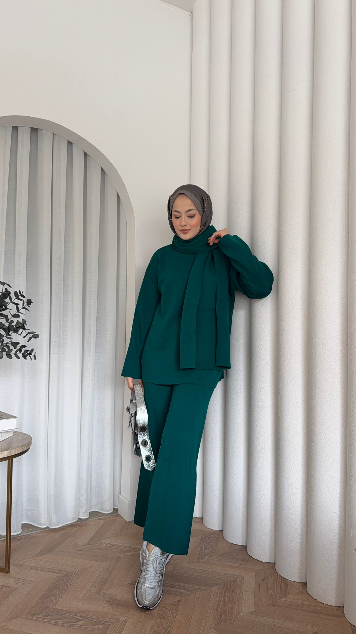 MEYSADESIGN TRİKO TAKIM Adenya Atkılı Triko İkili Takım Zümrüt Yeşili