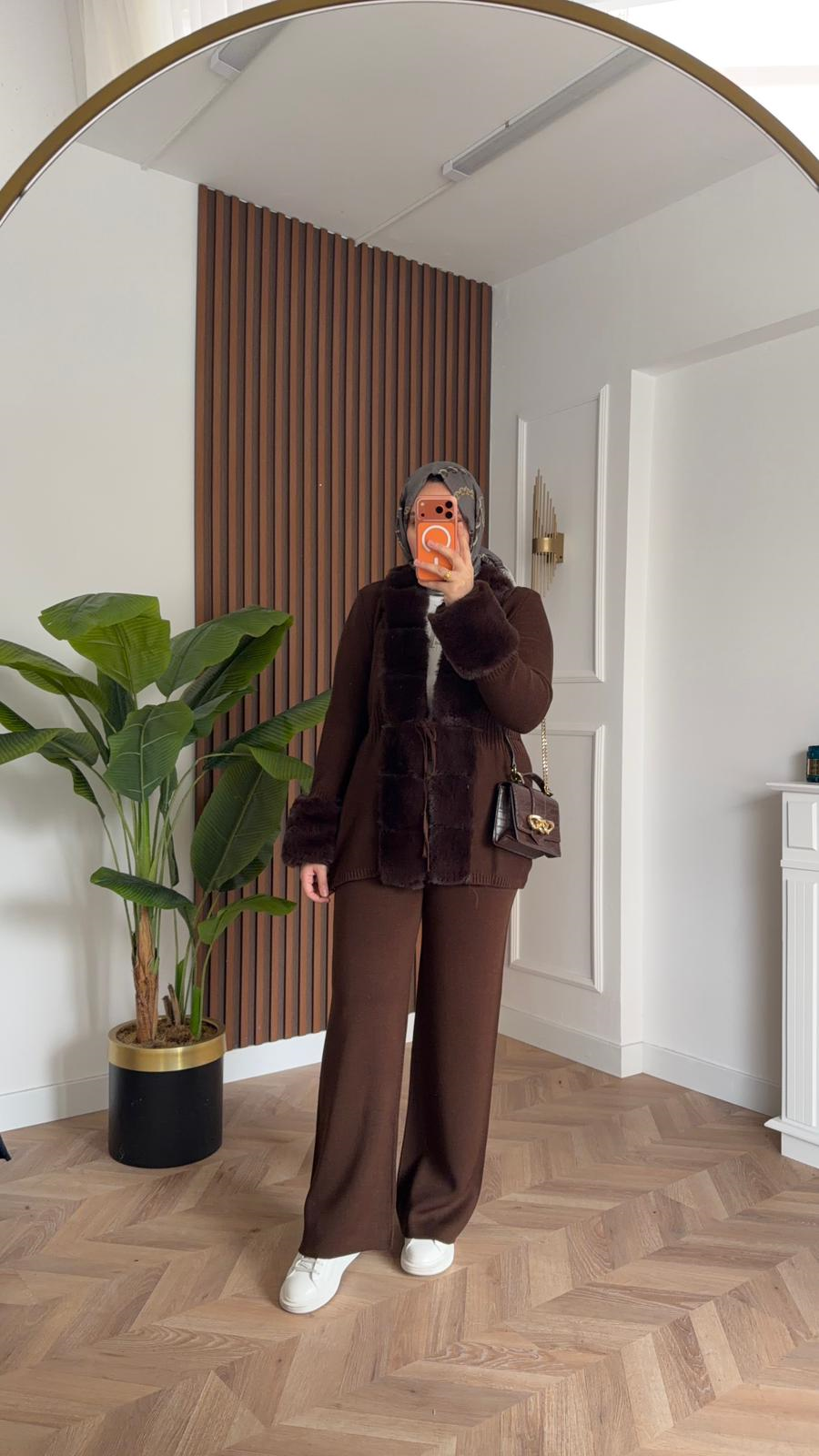 MEYSADESIGN TRİKO TAKIM Begonvil Kürklü Triko İkili Takım Acı Kahve