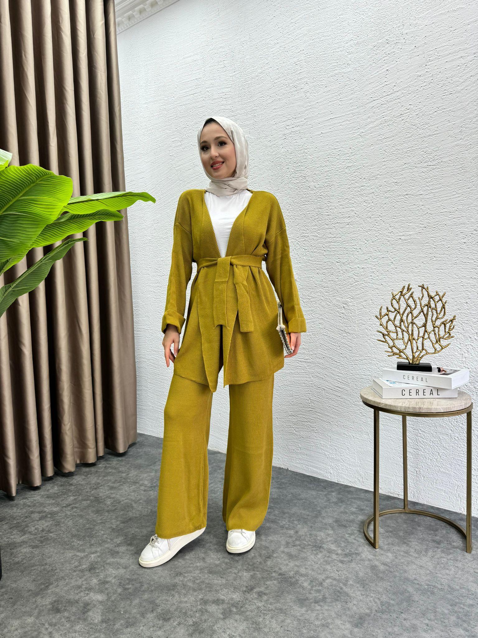 Waist-Tie Dress Knit Set Oil Green