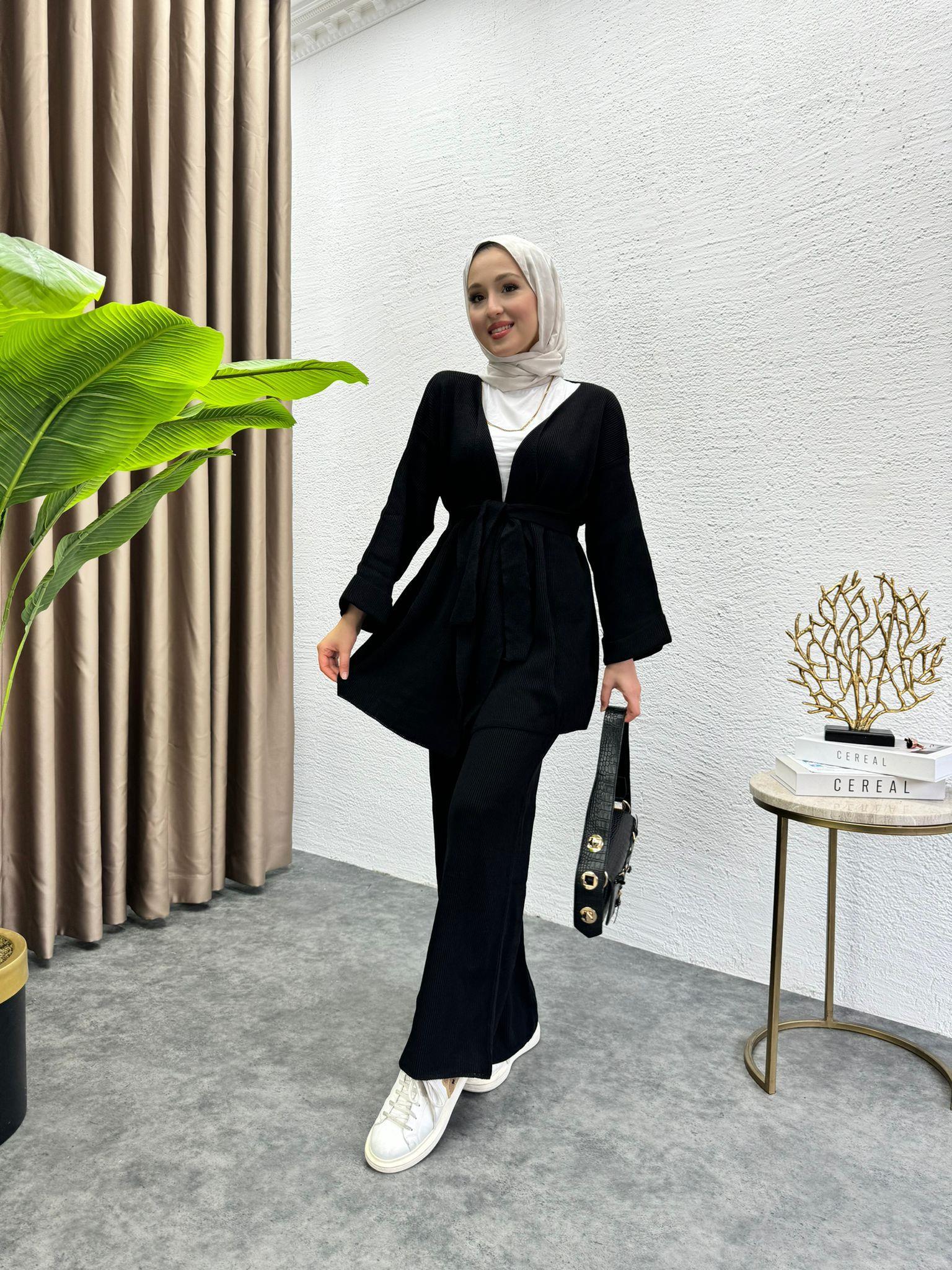 MEYSADESIGN TRİKO TAKIM Belden Baglamalı Triko Takım Siyah