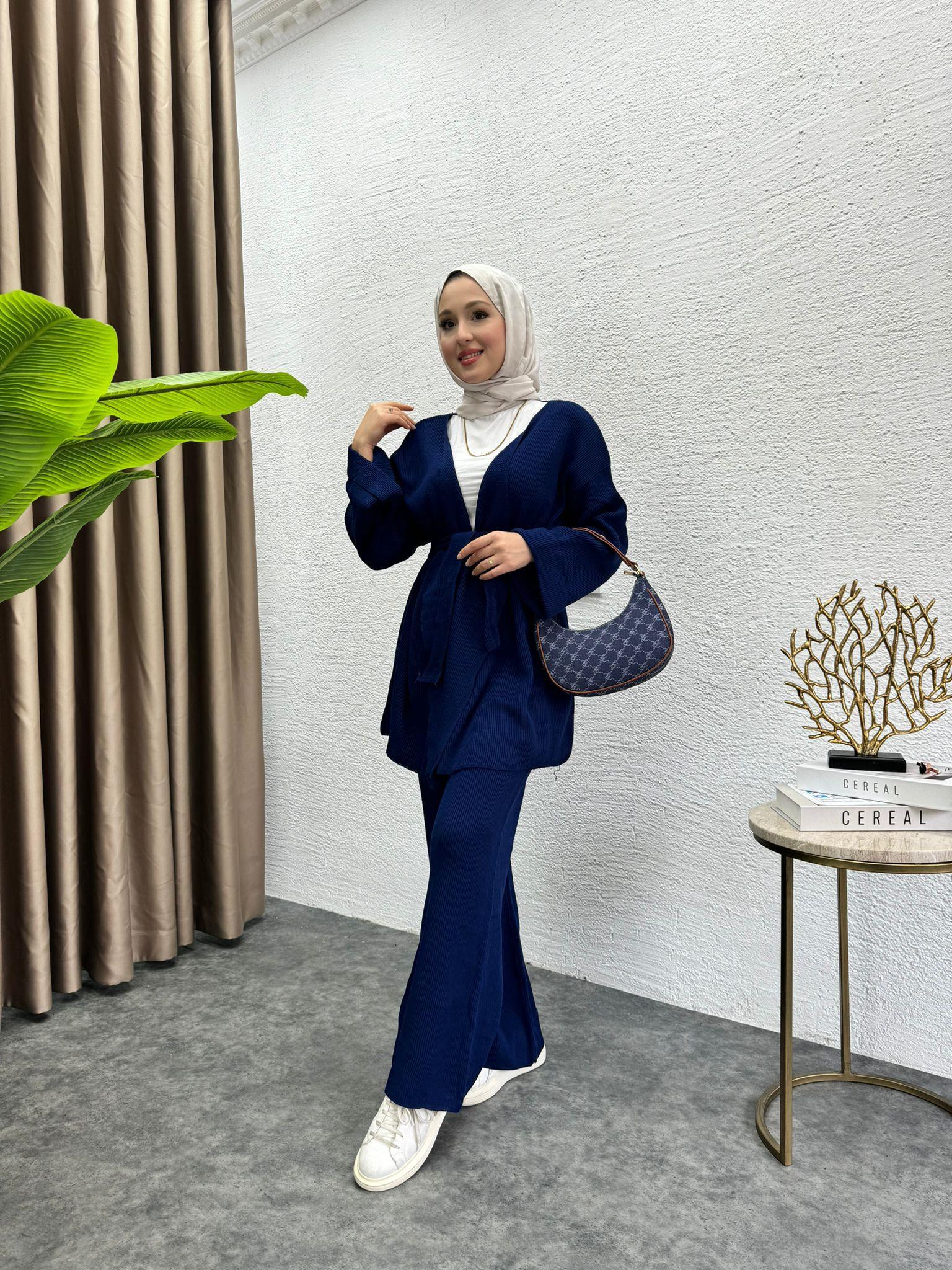 MEYSADESIGN TRİKO TAKIM Belden Baglamalı Triko Takım Lacivert