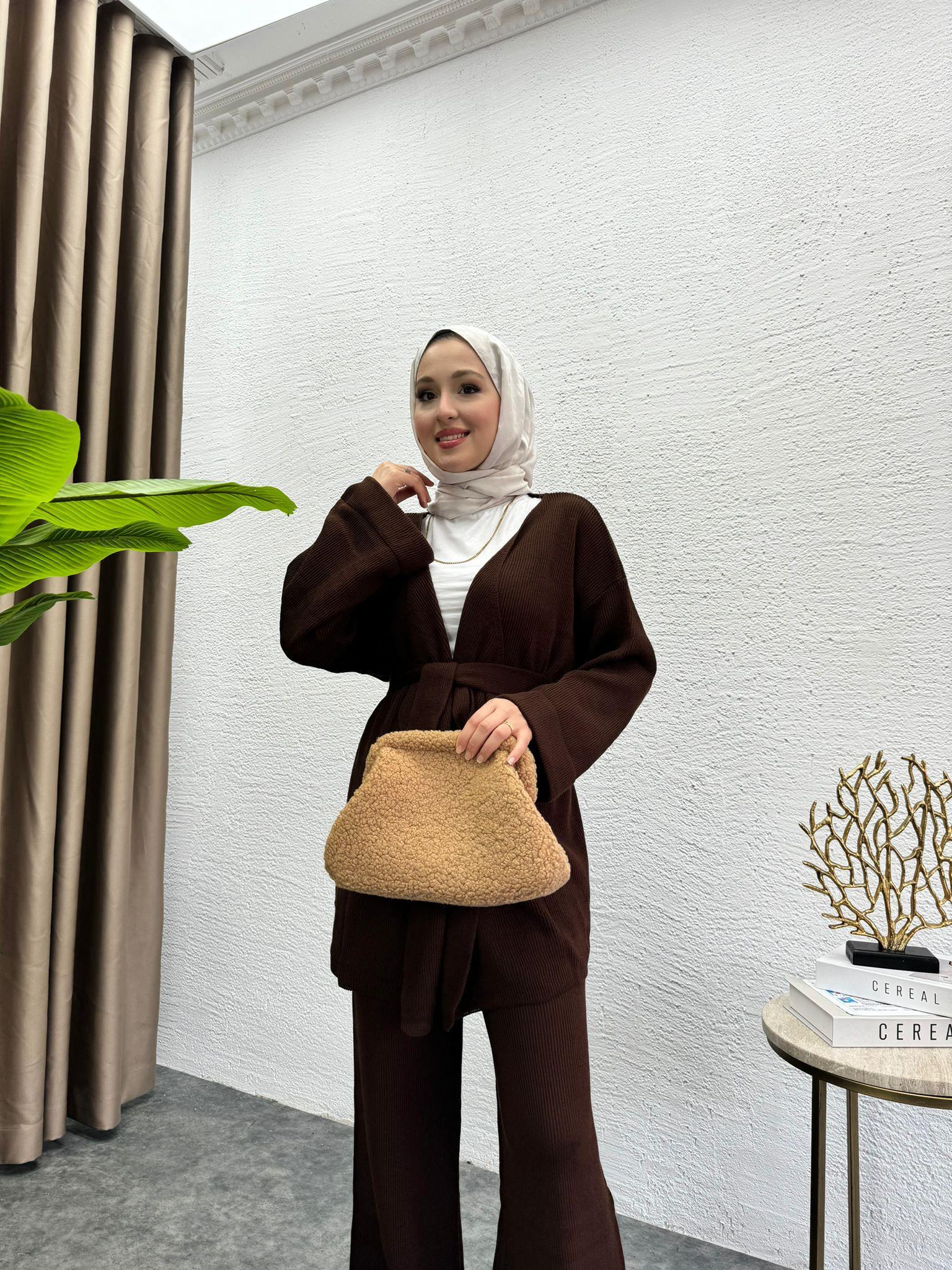 Waist-Tie Dress Knit Set Brown