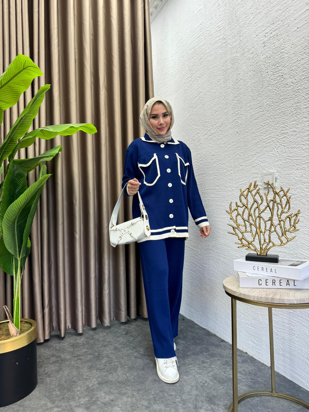 MEYSADESIGN TRİKO TAKIM Zarf Cepli Triko İkili Takım Lacivert