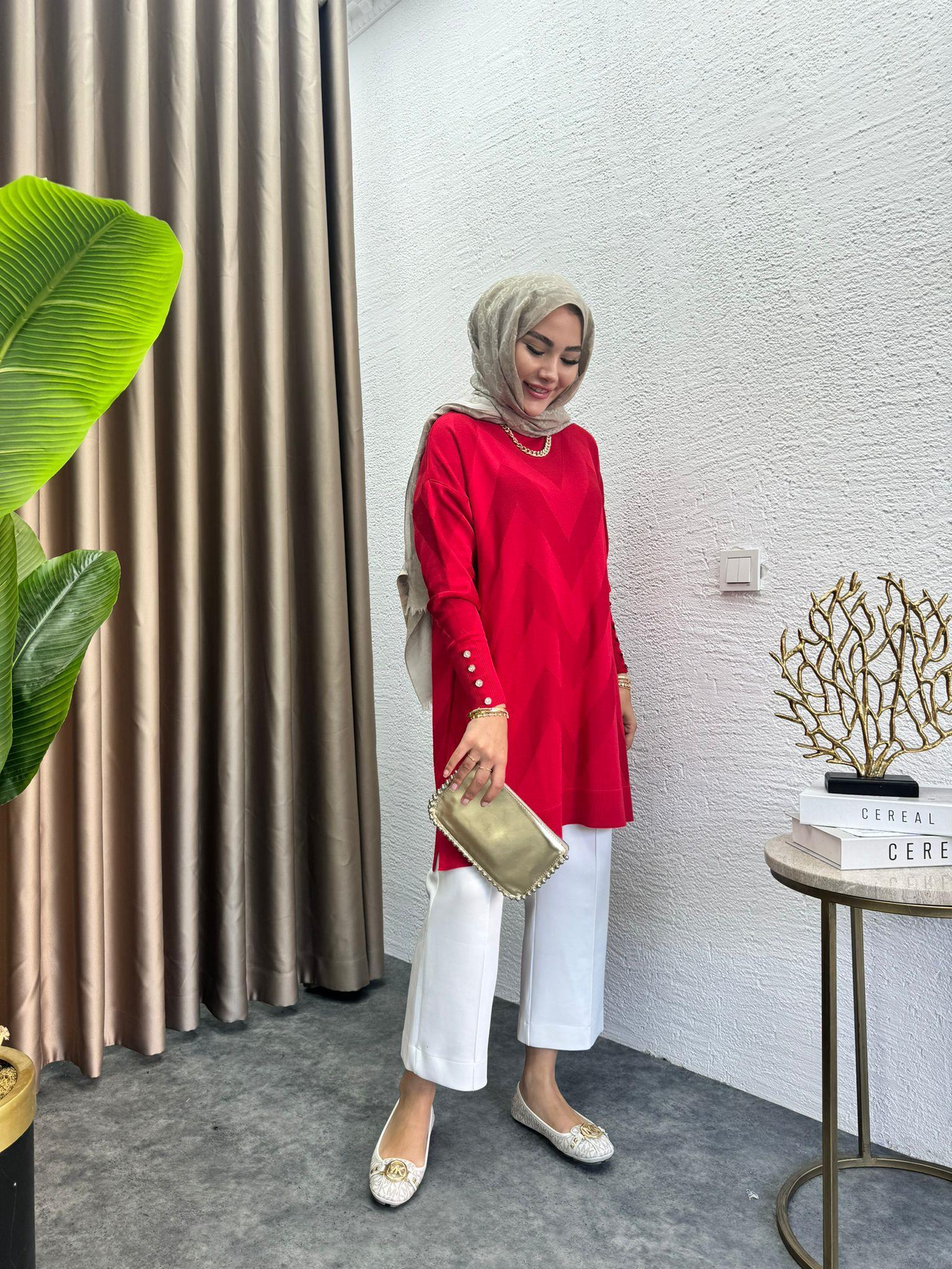 Zigzag Merserized Knit Tunic Red