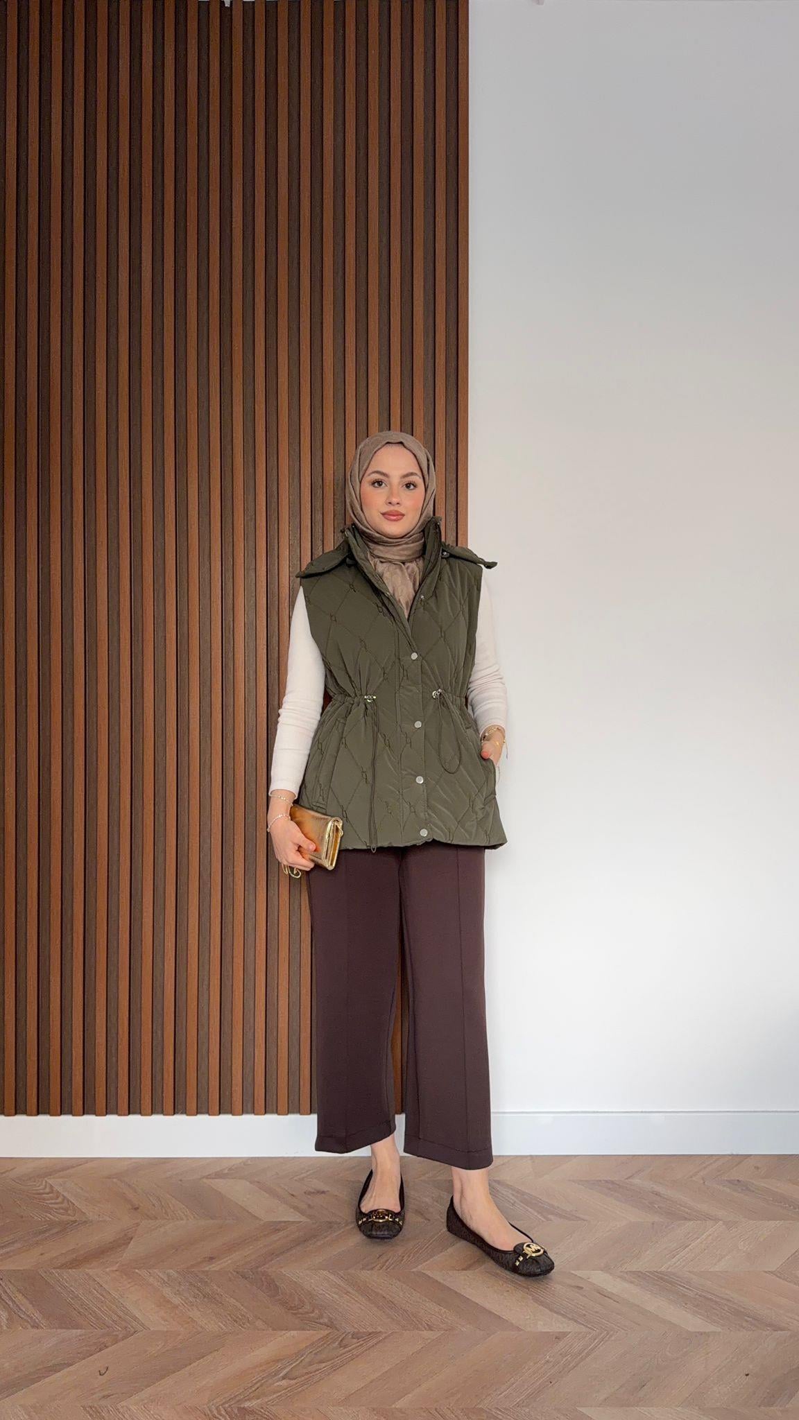 Shirred Puffer Waistcoat Khaki
