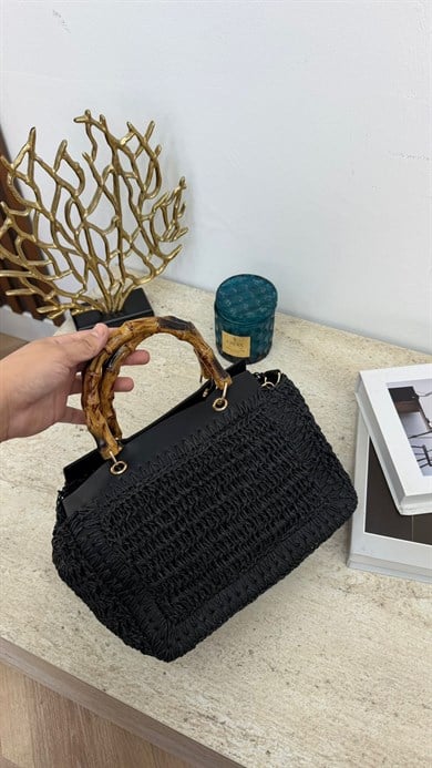 MEYSA HASIR ÇANTA Bambu Saplı Hasır Çanta Siyah - CNT1115