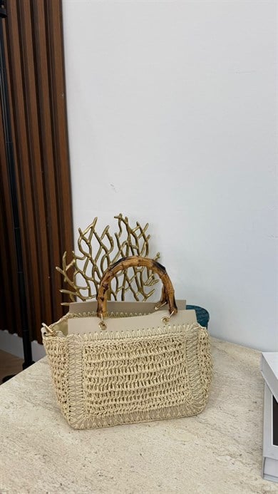 MEYSA HASIR ÇANTA Bambu Saplı Hasır Çanta Bej - CNT1115