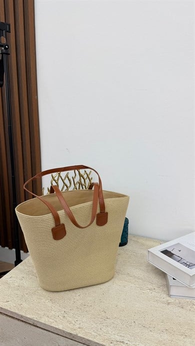 MEYSA HASIR ÇANTA Klasik Siyah Deri Kulplu Hasır Çanta Bej - CNT2005