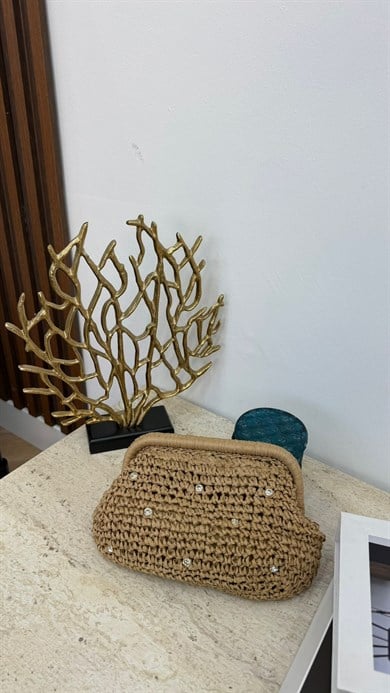 MEYSA HASIR ÇANTA Klasik Zincir Askılı Taşlı Hasır Çanta Camel - CNT1144