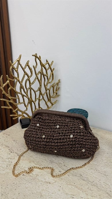 MEYSA HASIR ÇANTA Klasik Zincir Askılı Taşlı Hasır Çanta Acı Kahve - CNT1144