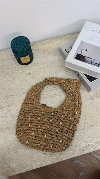 MEYSA HASIR ÇANTA Küçük Taşlı Hasır Çanta Camel - CNT1048