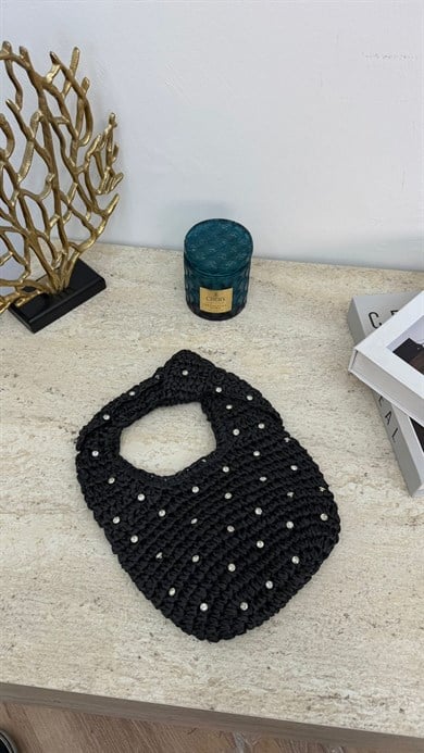 MEYSA HASIR ÇANTA Küçük Taşlı Hasır Çanta Siyah - CNT1048