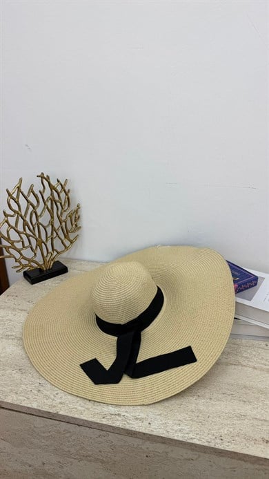 MEYSA HASIR ŞAPKA Klasik Kurdela Detaylı Ekstra Geniş Hasır Şapka Bej - HSR2039