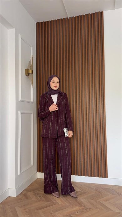 MEYSA PANTOLON TAKIM Efsun Taşlı Blazer Ceket Takım Mürdüm