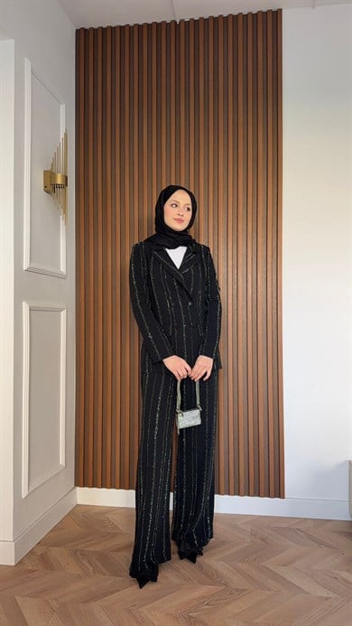MEYSA PANTOLON TAKIM Efsun Taşlı Blazer Ceket Takım Siyah