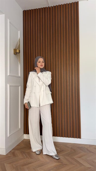 MEYSA PANTOLON TAKIM Efsun Taşlı Blazer Ceket Takım Beyaz