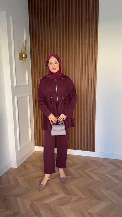 Piliseli Krep Pantolonlu Takım Bordo