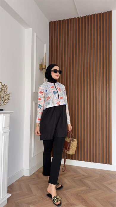 MEYSA TESETTÜR MAYO 2965-Deniz Desenli Üçlü Tesettür Mayo Seti