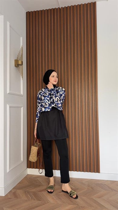 MEYSA TESETTÜR MAYO 2965-Lacivert Desenli Üçlü Tesettür Mayo Seti