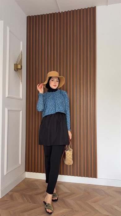 MEYSA TESETTÜR MAYO 2965-Mavi Çiçek Desenli Üçlü Tesettür Mayo Seti