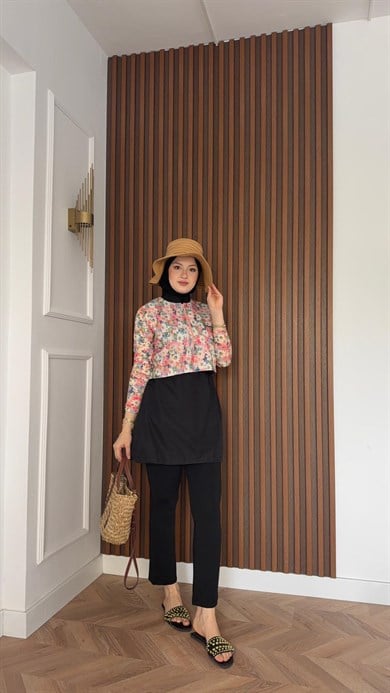 MEYSA TESETTÜR MAYO 2965-Renkli Çiçek Desenli Üçlü Tesettür Mayo Seti