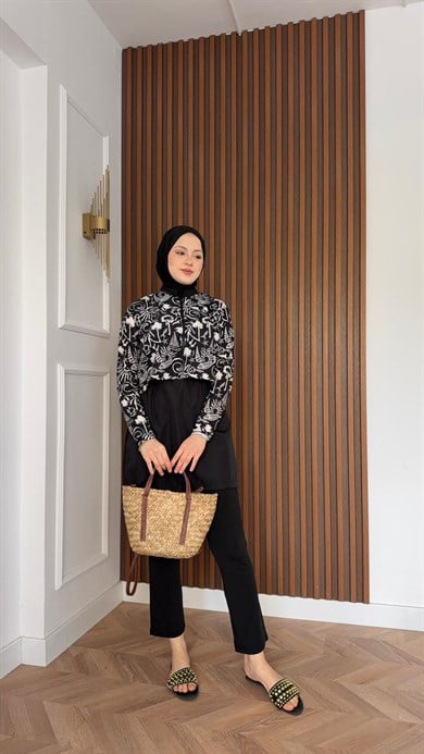 MEYSA TESETTÜR MAYO 2965-Siyah Tropikal Desenli Üçlü Tesettür Mayo Seti