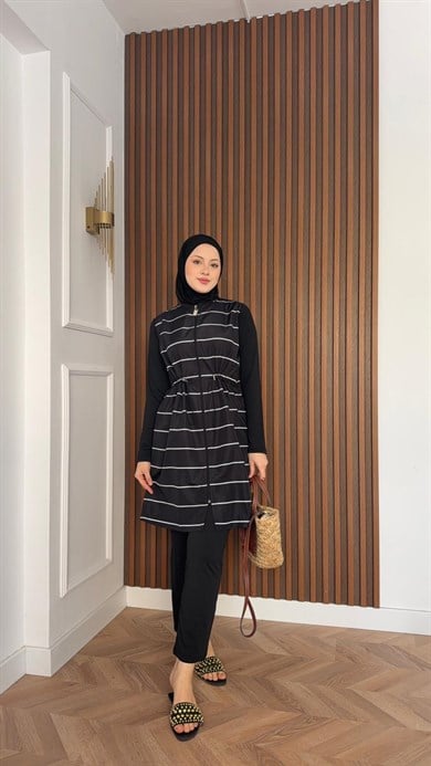 MEYSA TESETTÜR MAYO 3086-Çizgili Üçlü Tesettür Mayo Seti