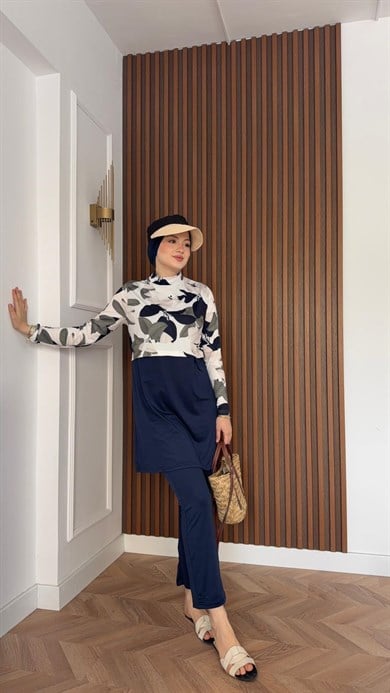 MEYSA TESETTÜR MAYO 3088-Yaprak Desen Lacivert Üçlü Tesettür Mayo Seti